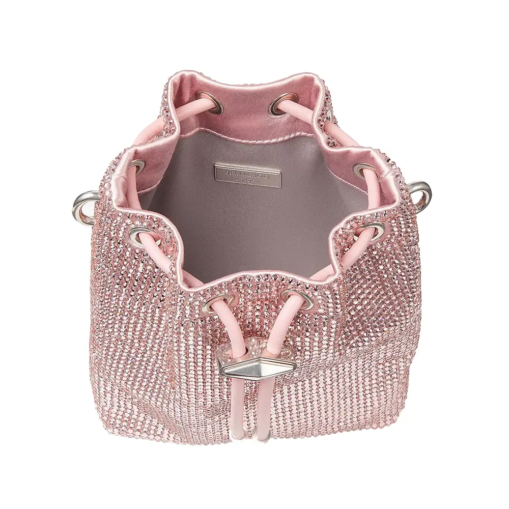 Jimmy Choo Cinch Mini Bon Bon Satin Crystal Bucket Bag Rose Silver
