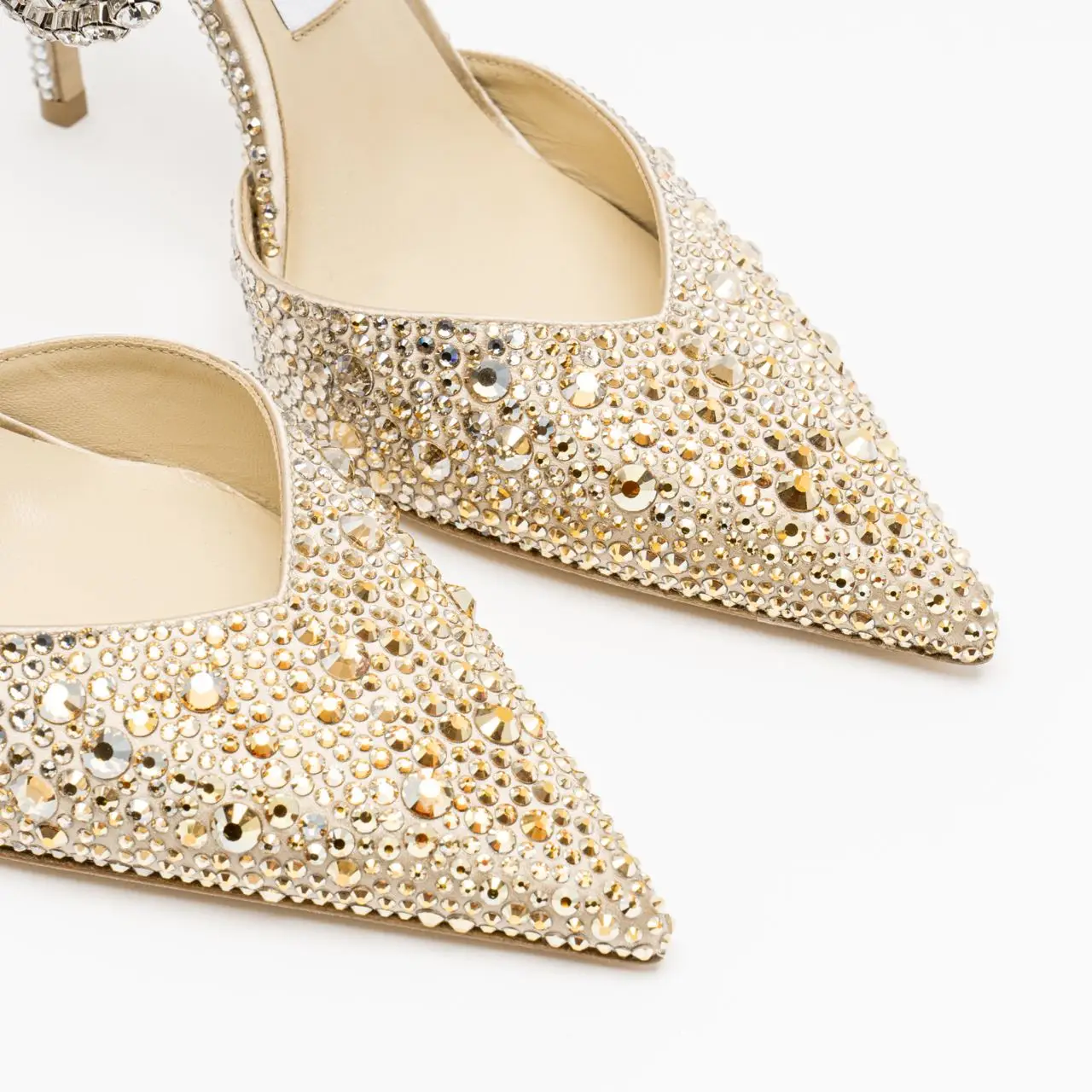 Jimmy Choo Saeda 100 Satin Crystal Chain Ankle Strap Heels Gold