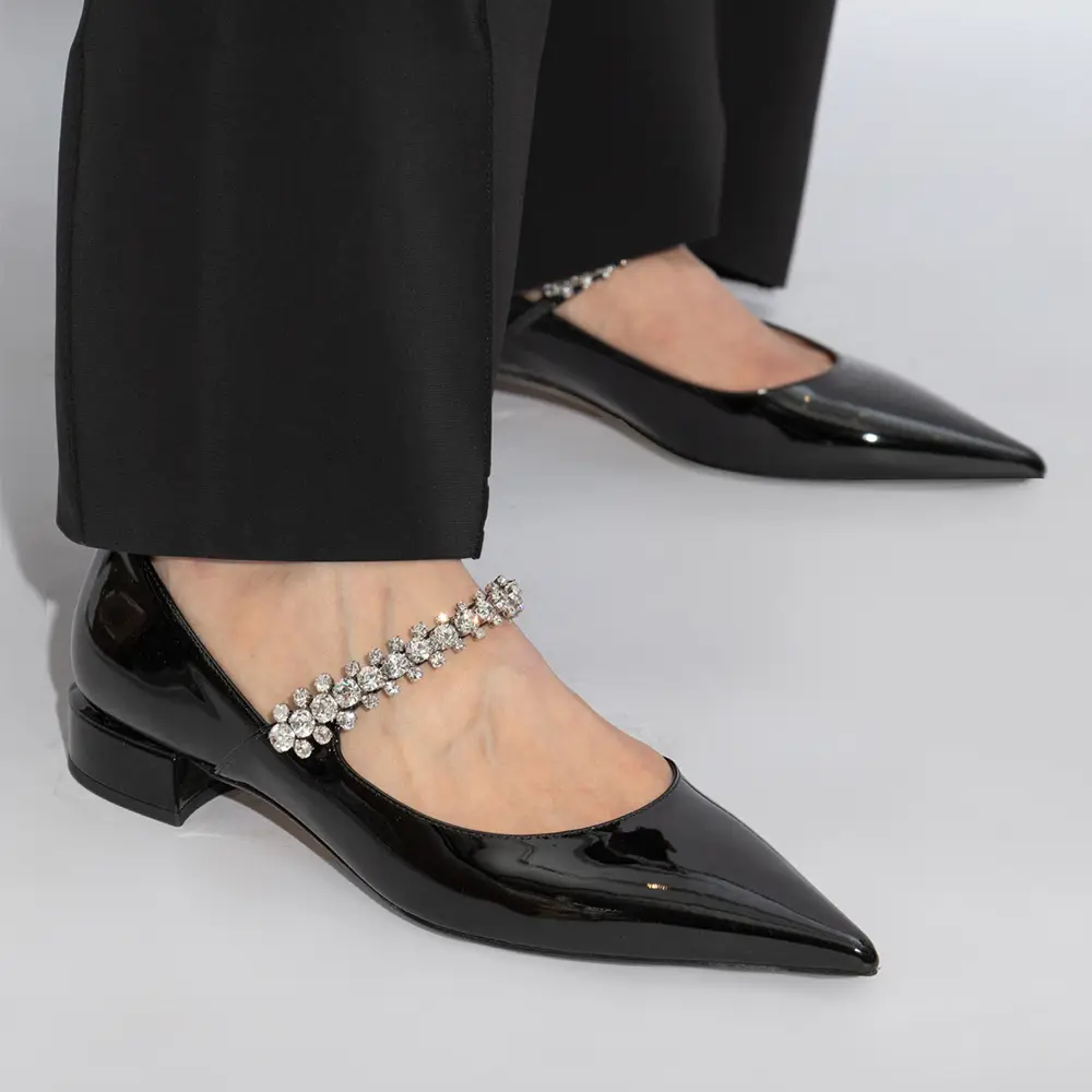 Jimmy Choo Bing 25 Crystal Strap Patent Leather Flat Pumps Black