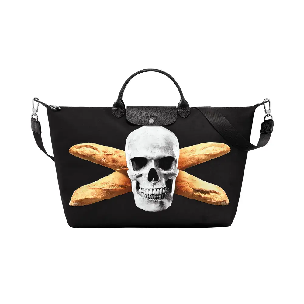 新品LONGCHAMP X TOILETPAPER S トラベルバッグ ブラック Sell Longchamp X ToiletPaper Printed Skull XS Bag - Black