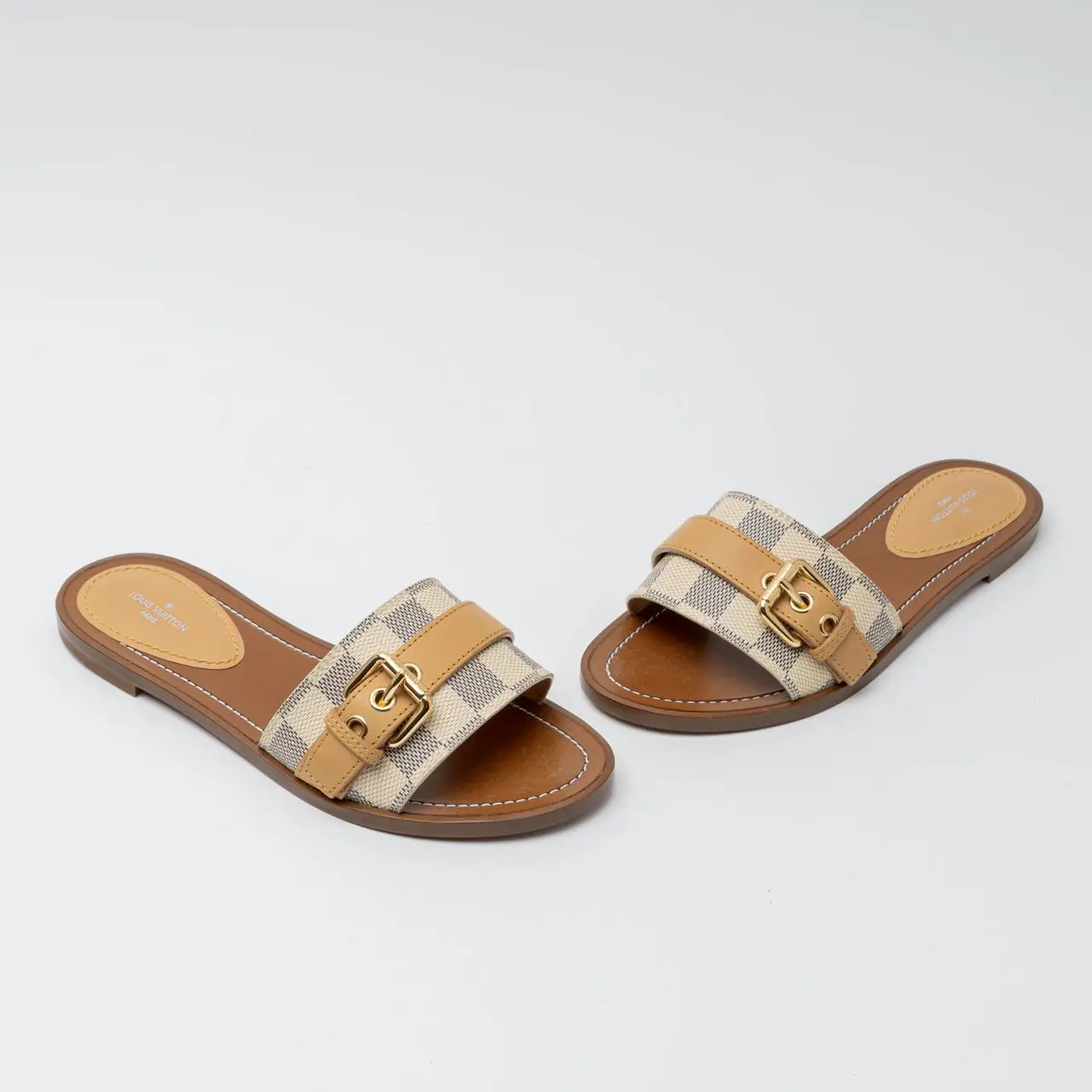 Louis Vuitton Lock It Flat Mule Sandals Damier Azur Brown – voilà.id