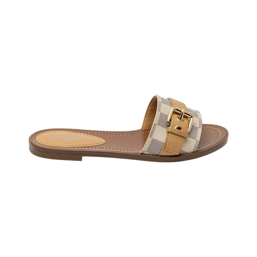 Louis Vuitton Lock It Flat Mule Sandals Damier Azur Brown – voilà.id
