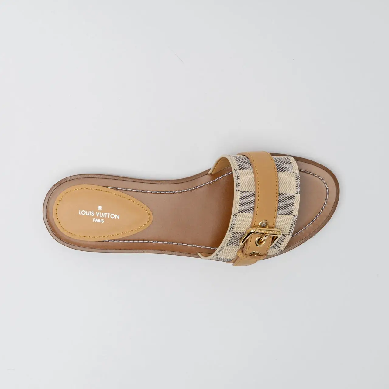 Louis Vuitton Lock It Flat Mule Sandals Damier Azur Brown – voilà.id
