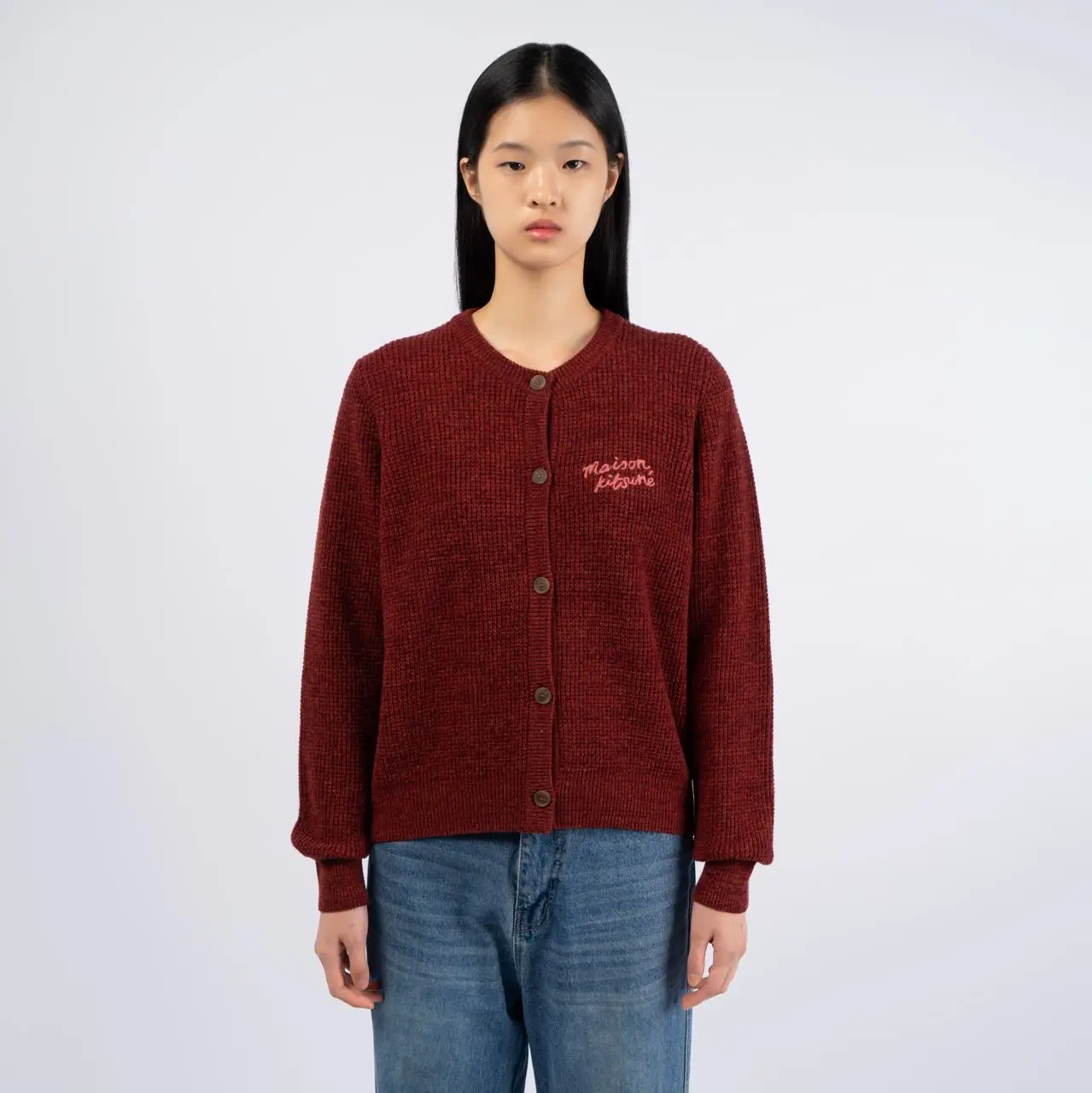 Maison Kitsuné Handwriting Logo Chest Comfort Cardigan Red Maison Kitsuné Handwriting Logo Chest Comfort Cardigan Red