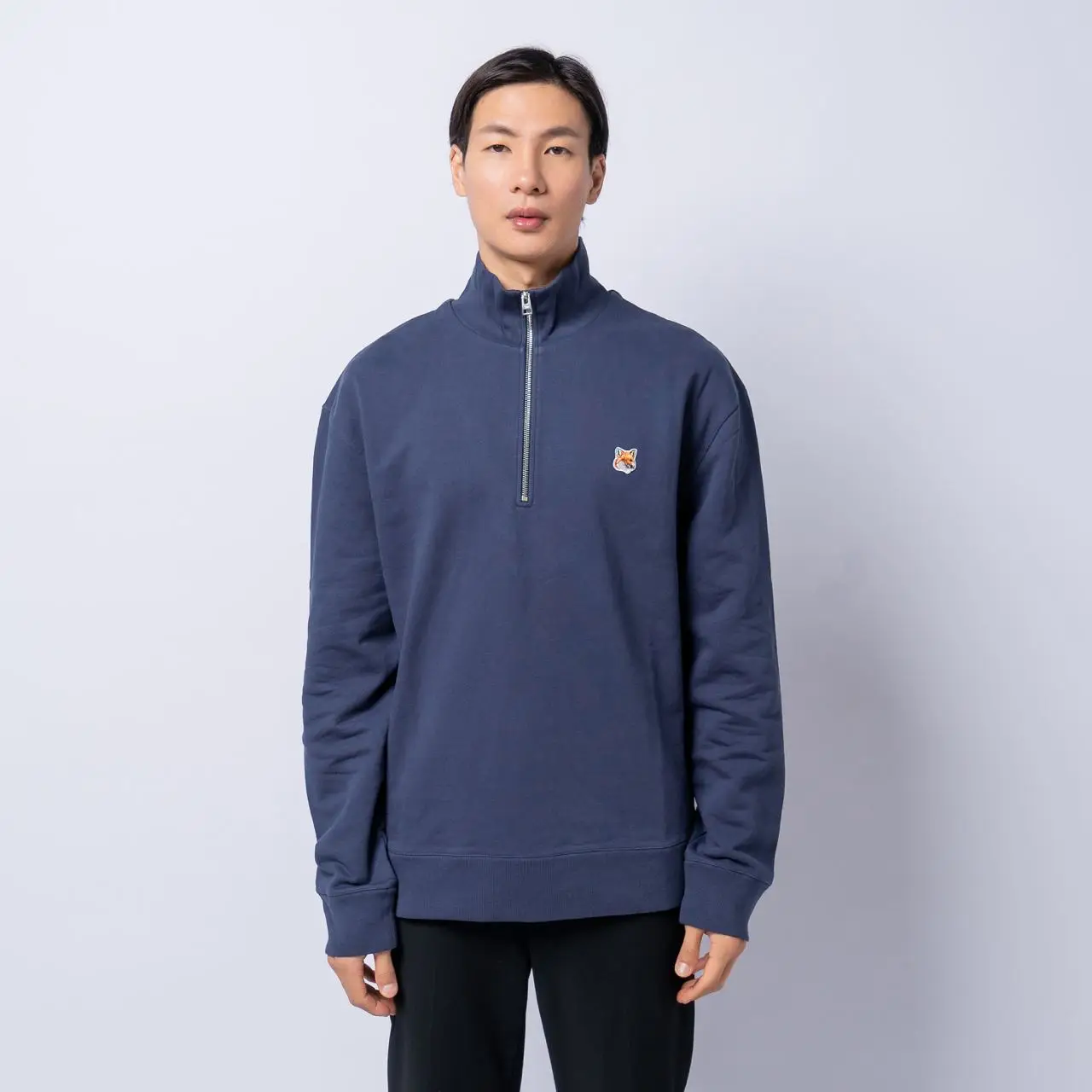 Maison Kitsunè Fox Head Patch Half Zip Sweatshirt Ink Blue