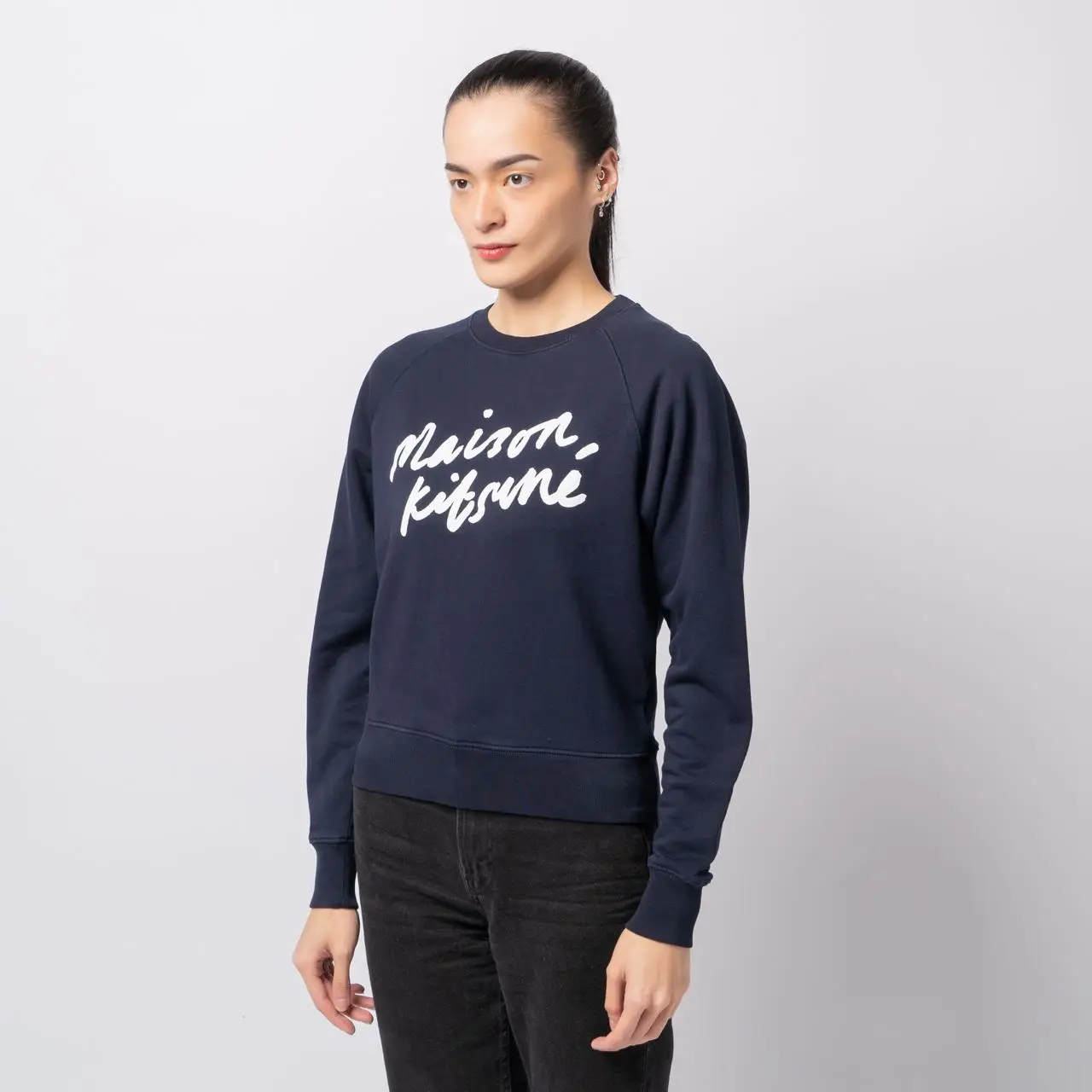 Maison Kitsune Handwriting Adjusted Sweatshirt Navy Women Maison Kitsune Handwriting Adjusted Sweatshirt Navy Women