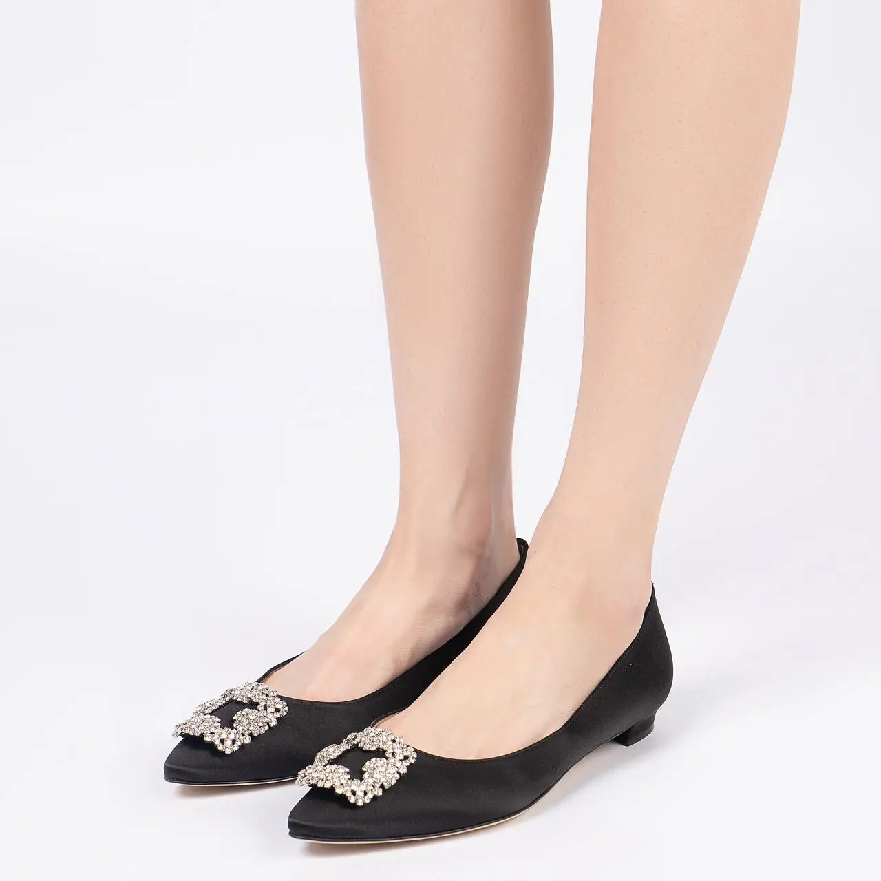 Manolo Blahnik Hangisi Flat Satin CLC Crystal Buckle