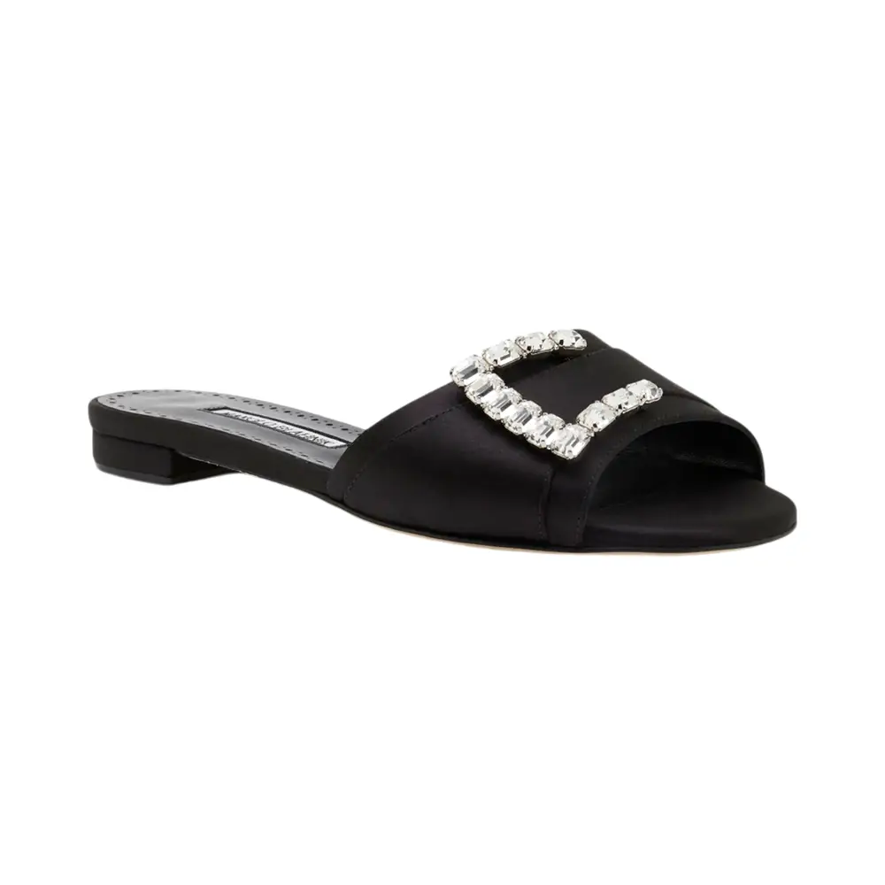 Manolo Blahnik Ramiflat Satin Embellished Flat Sandals Black