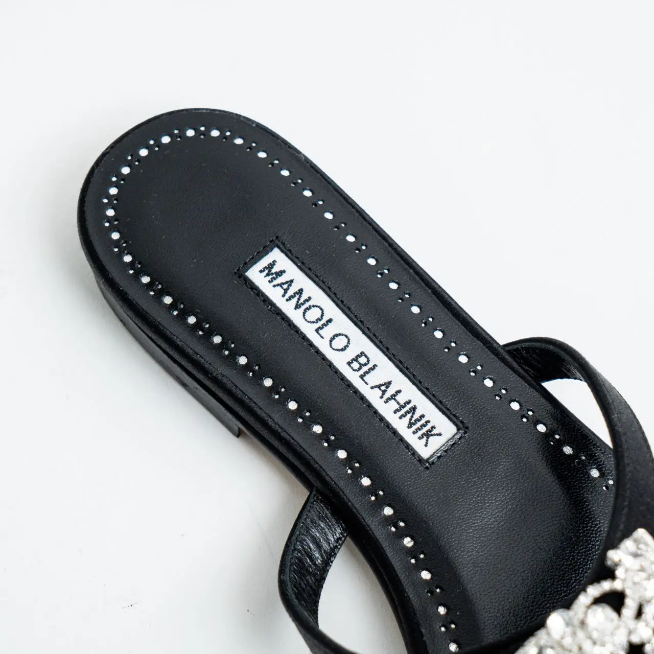 Manolo Blahnik Trinamu Flat Satin Triangular Embellished