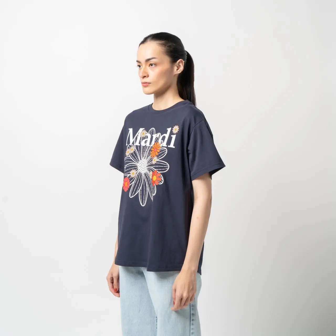 Mardi Mercredi Flower Blossom Oversized T-Shirt Navy White