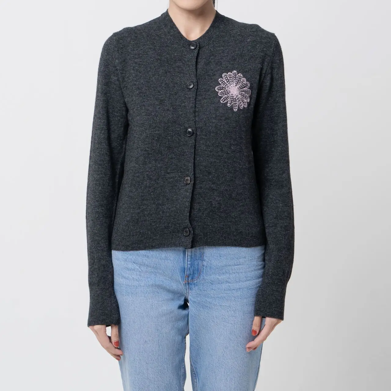 Mardi Mercredi Cashmere Blended Round Neck Cardigan Charcoal