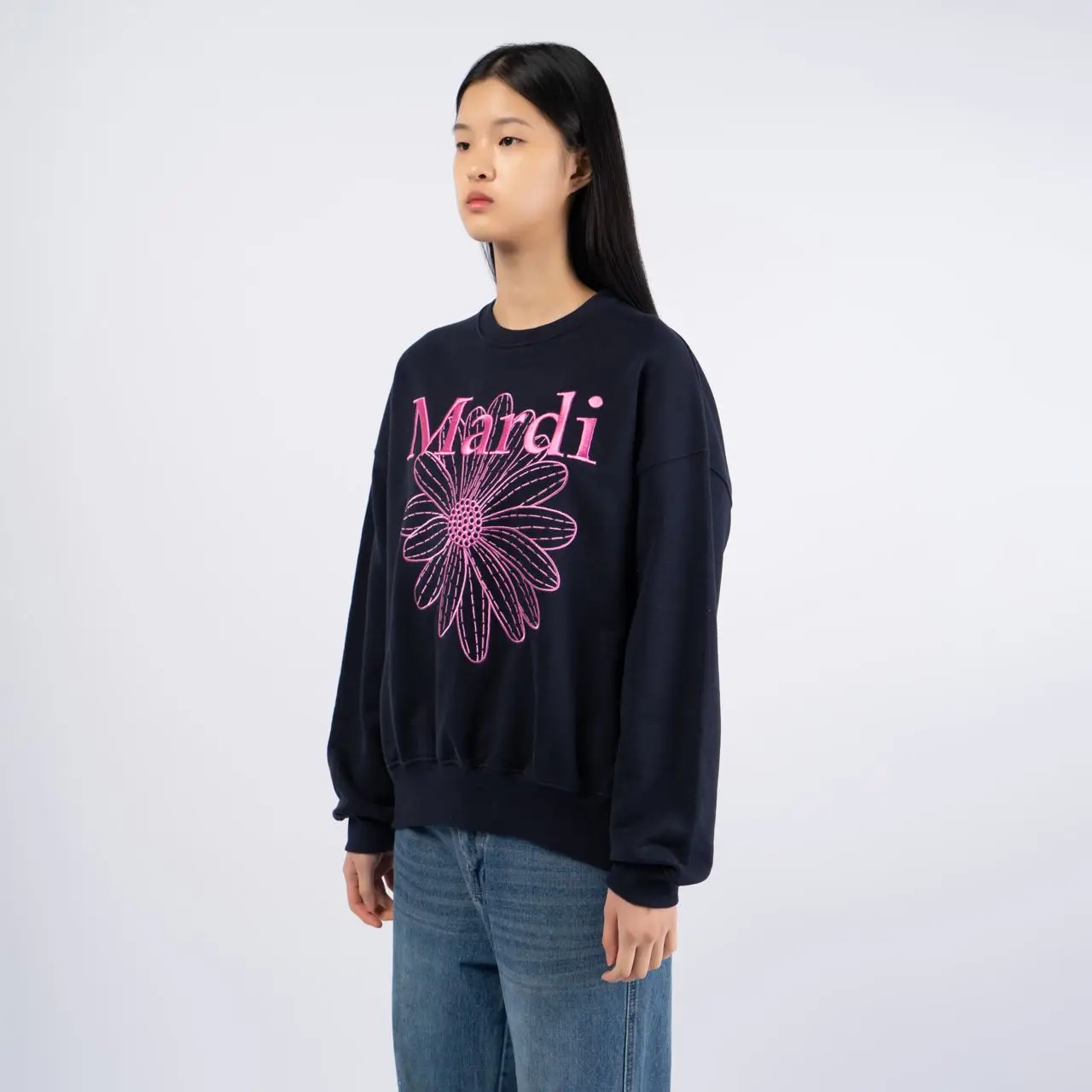 Mardi Mercredi Embroidered Flower Sweatshirt Navy Fuchsia