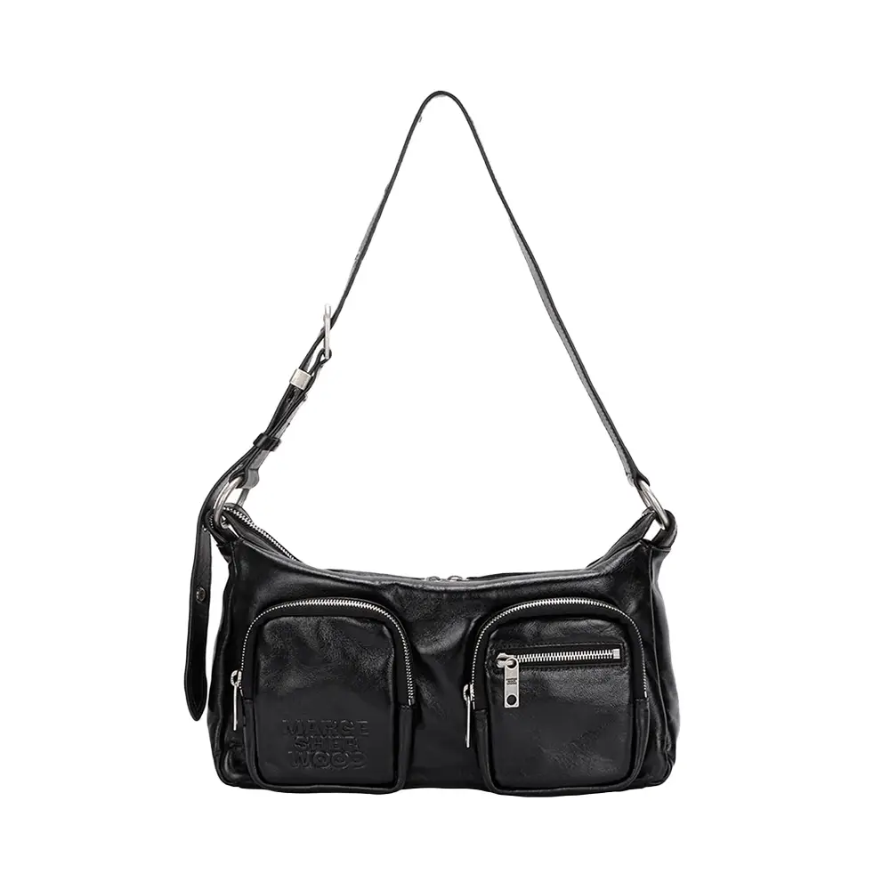 Marge Sherwood Outpocket Hobo Bag Glossy Plain Leather Black