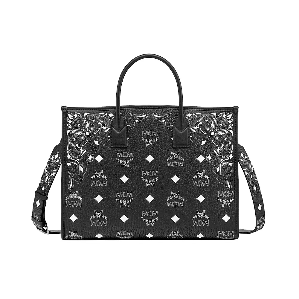 MCM München Large Tote in Studded Bandana Visetos Black
