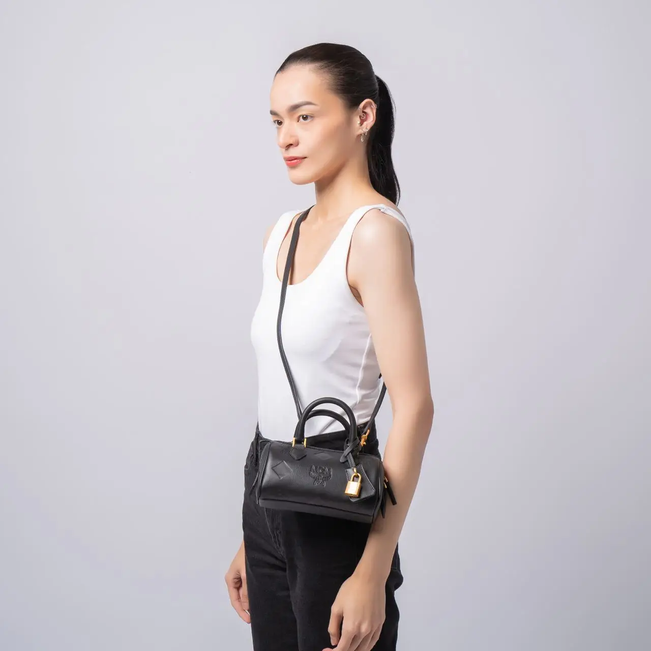 MCM Small Ella Boston Bag in Maxi Monogram Leather Black