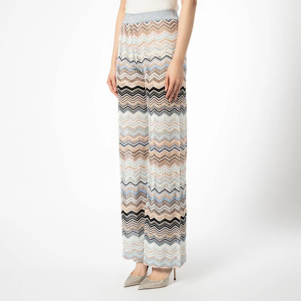 Missoni Chevron Lamé Knit Trousers with Sequins Light Blue