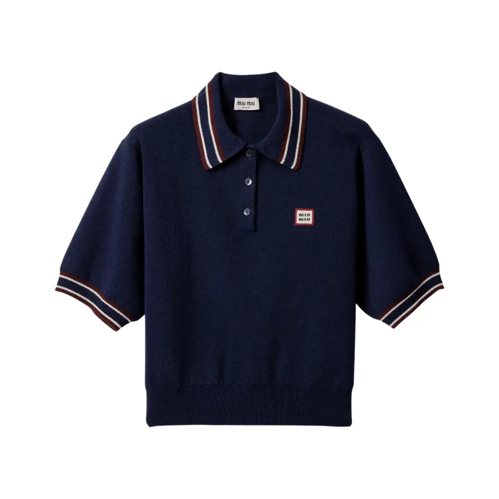 Miu Miu Wool and Cashmere Short Sleeve Polo Sweater Navy – voilà.id