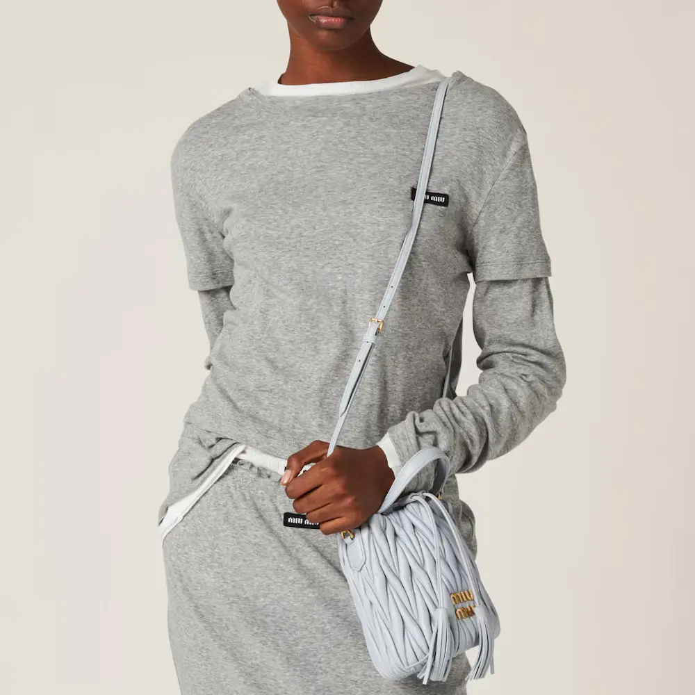 【Miu Miu】Matelasse Nappa Leather Bucket Bag Cornflower Miu Miu Matelassé Nappa Leather Bucket Bag Cornflower – voilà.id