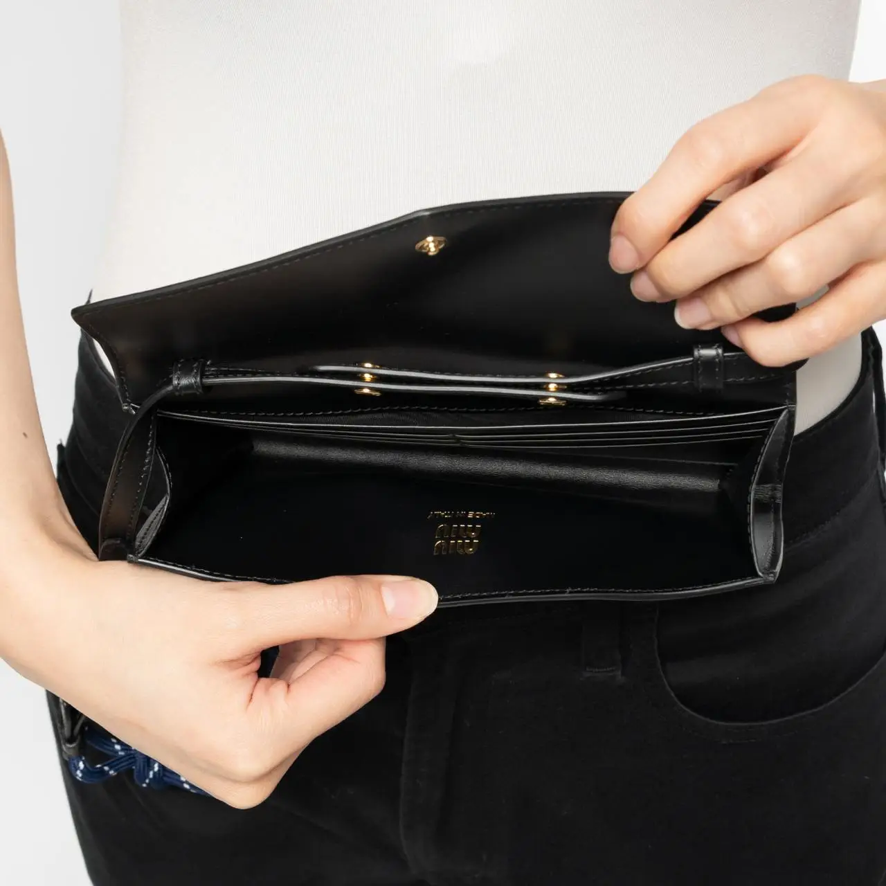 Good Miu Miu Bicolor Ribbon Madras Leather Mini Wallet Blue