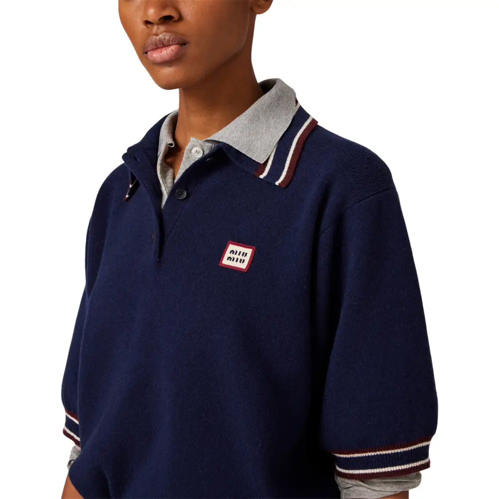 Miu Miu Wool and Cashmere Short Sleeve Polo Sweater Navy – voilà.id