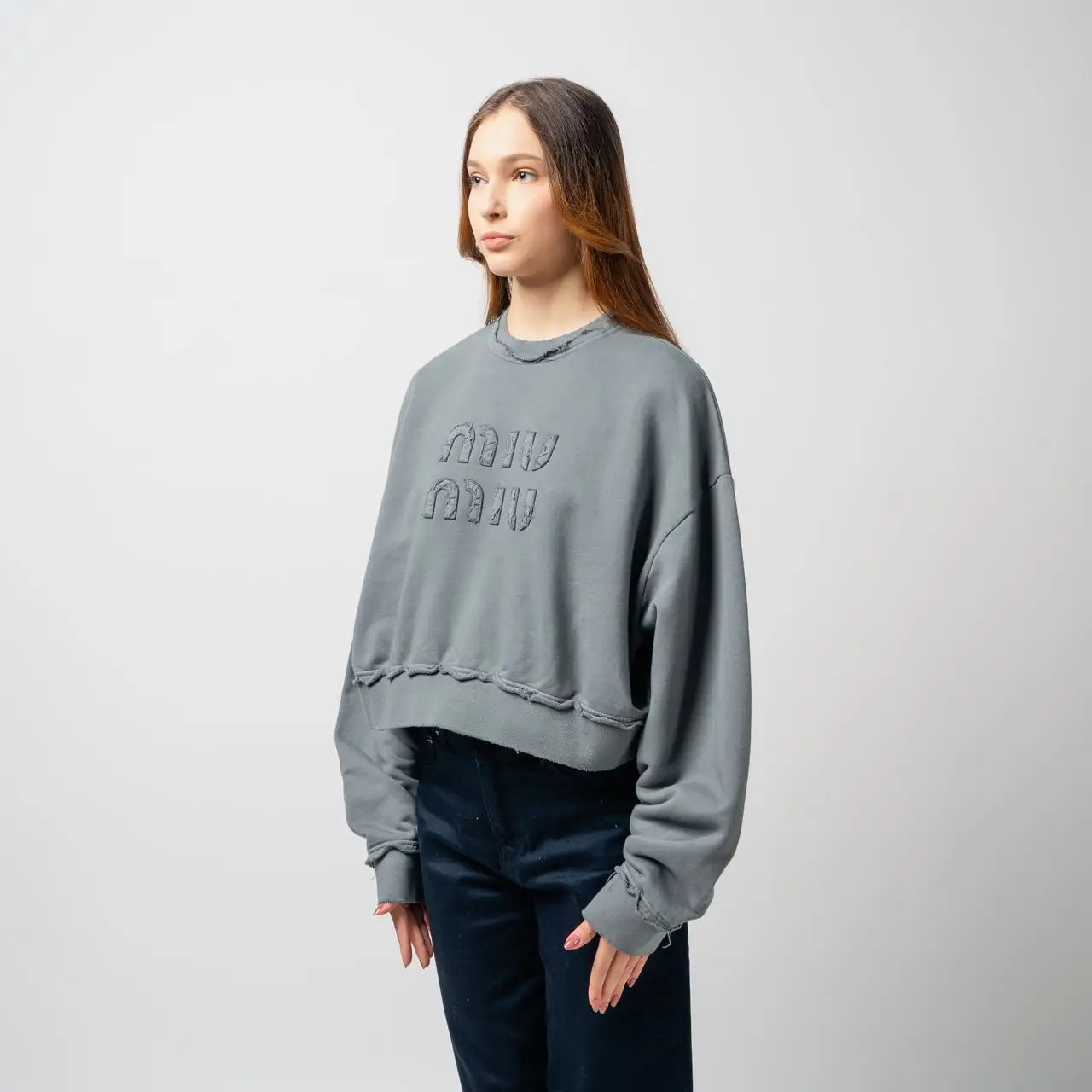 Miu Miu Logo Embroidered Cropped Sweatshirt Iron Grey – voilà.id