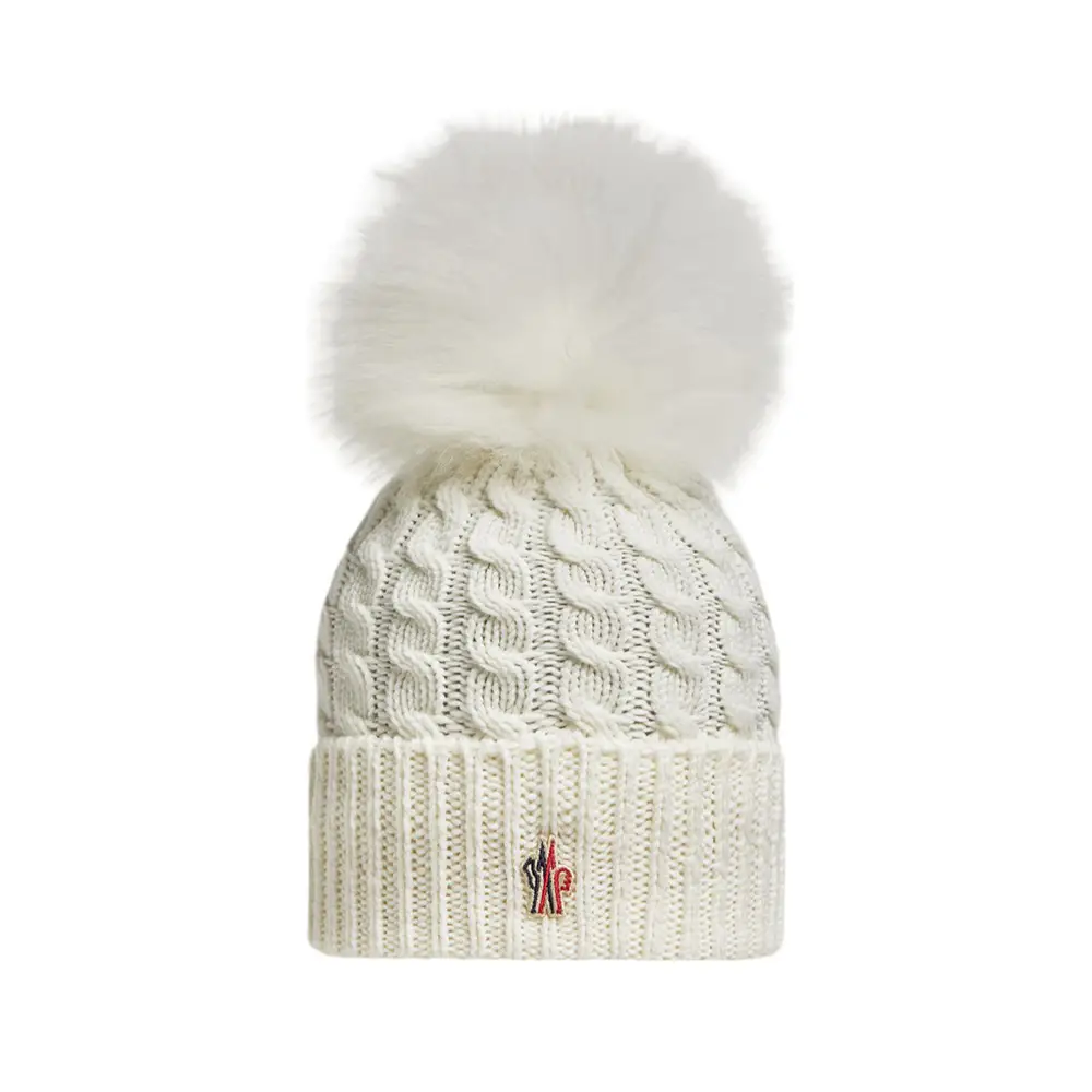 Moncler Wool Cable Knit Beanie with Pom Pom White – voilà.id