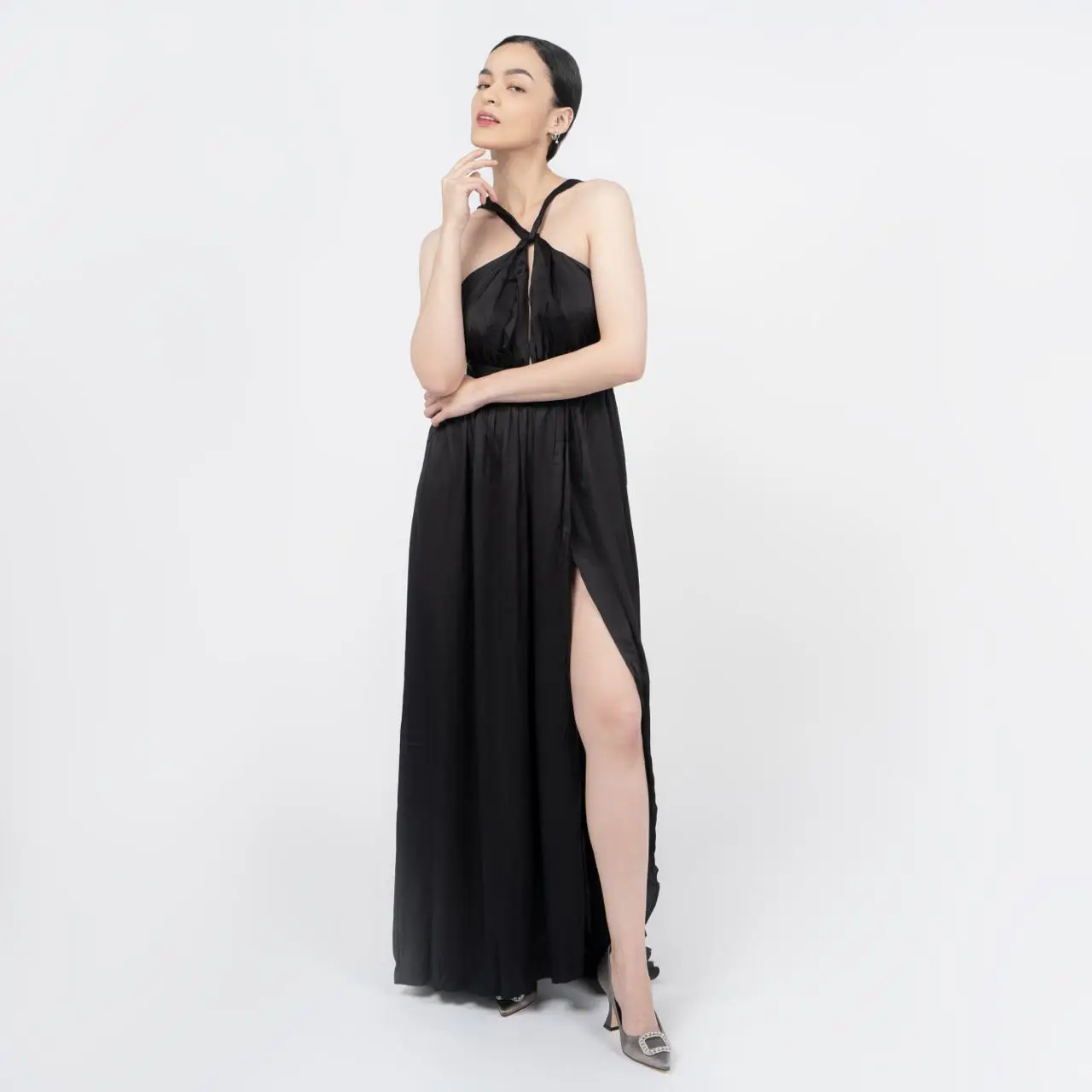 Pinko Crosses Shoulder Strap Satin Long Dress Black – voilà.id