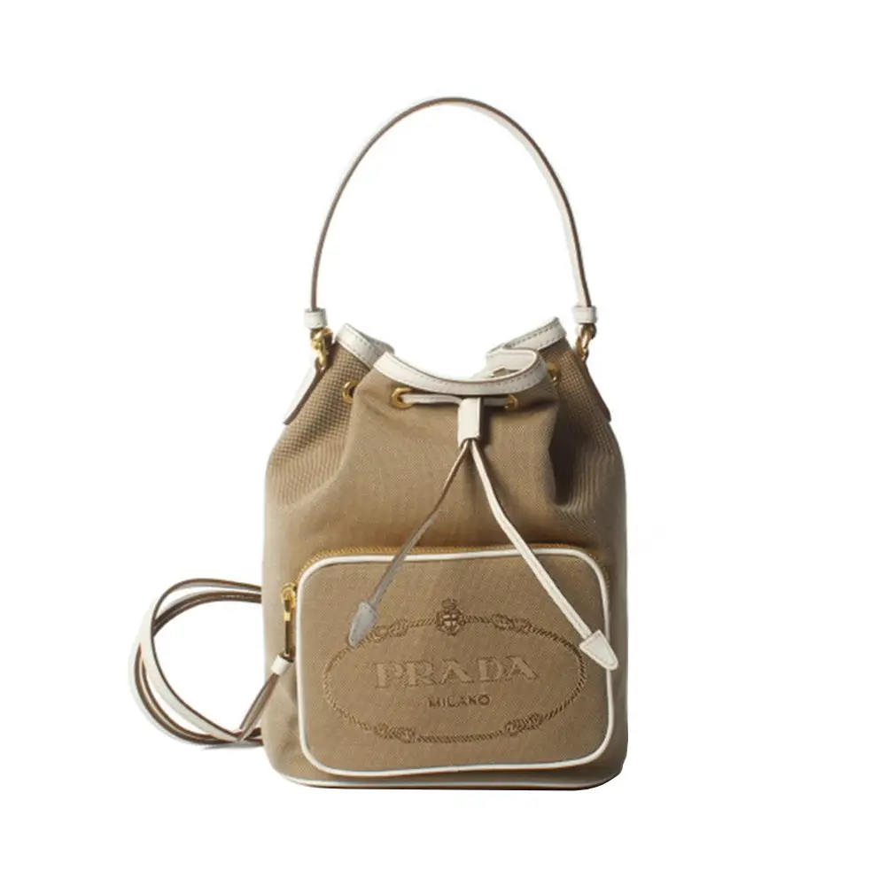 ★PRADA★Duet Jacquard bucket bag★Beige Prada Jacquard Canvas Duet Shoulder Bag Natural White – voilà.id