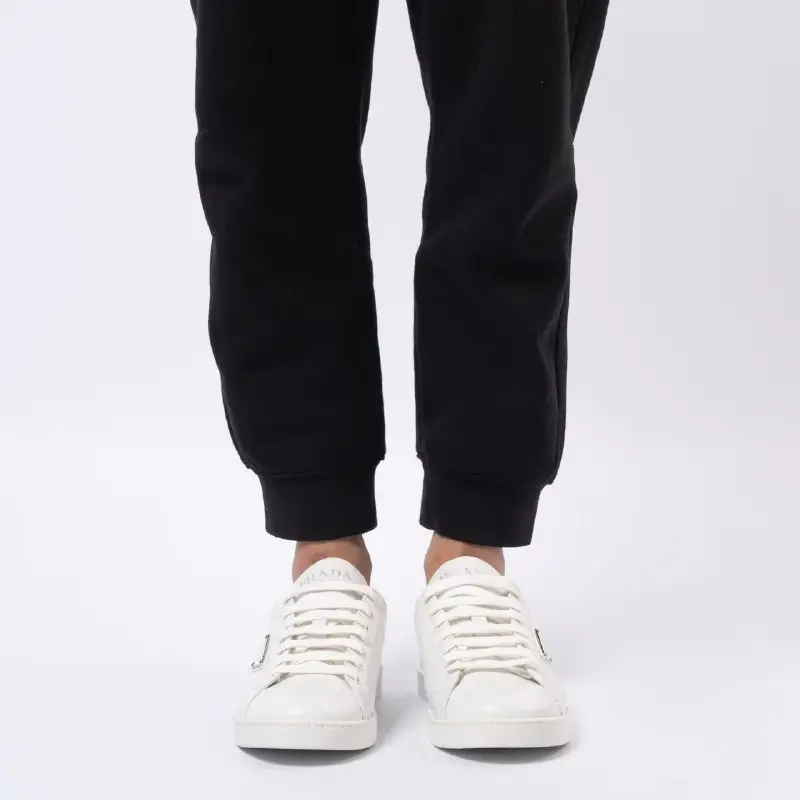 Prada Enameled Triangle Logo Brushed Leather Sneakers White