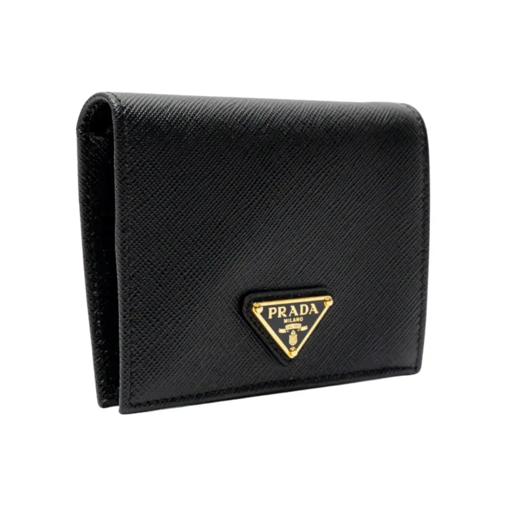 Prada Small Saffiano Leather Bifold Wallet Triangle Logo Black Ghw