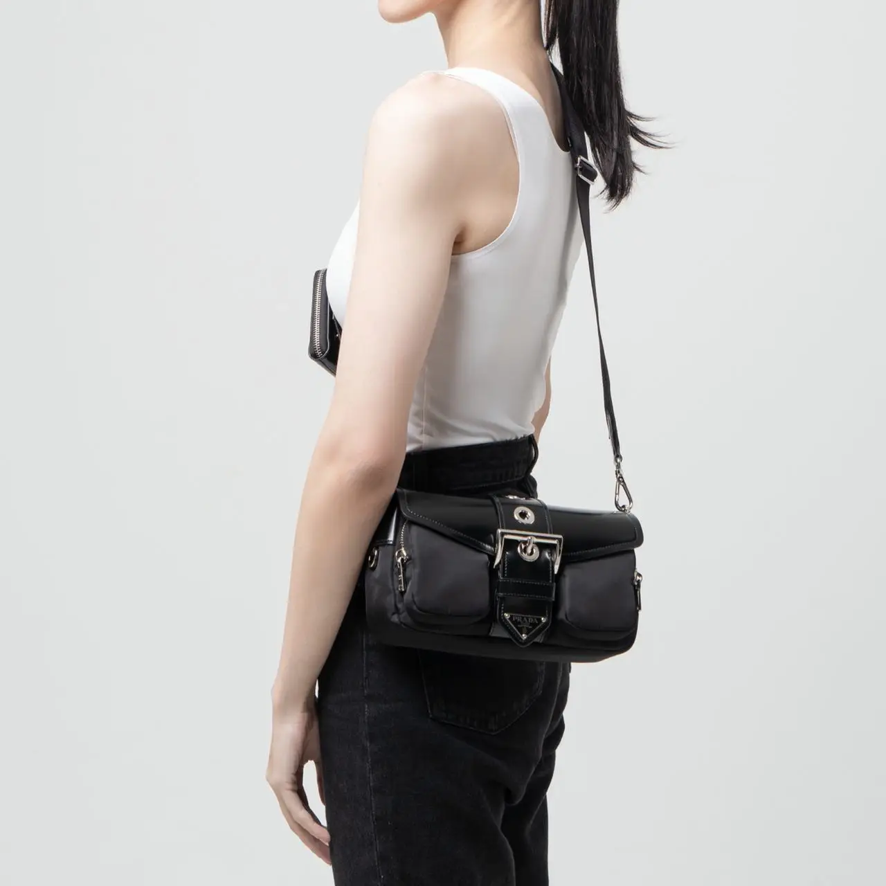 Prada Pocket Nylon Metal Logo Brushed Leather Bag Black