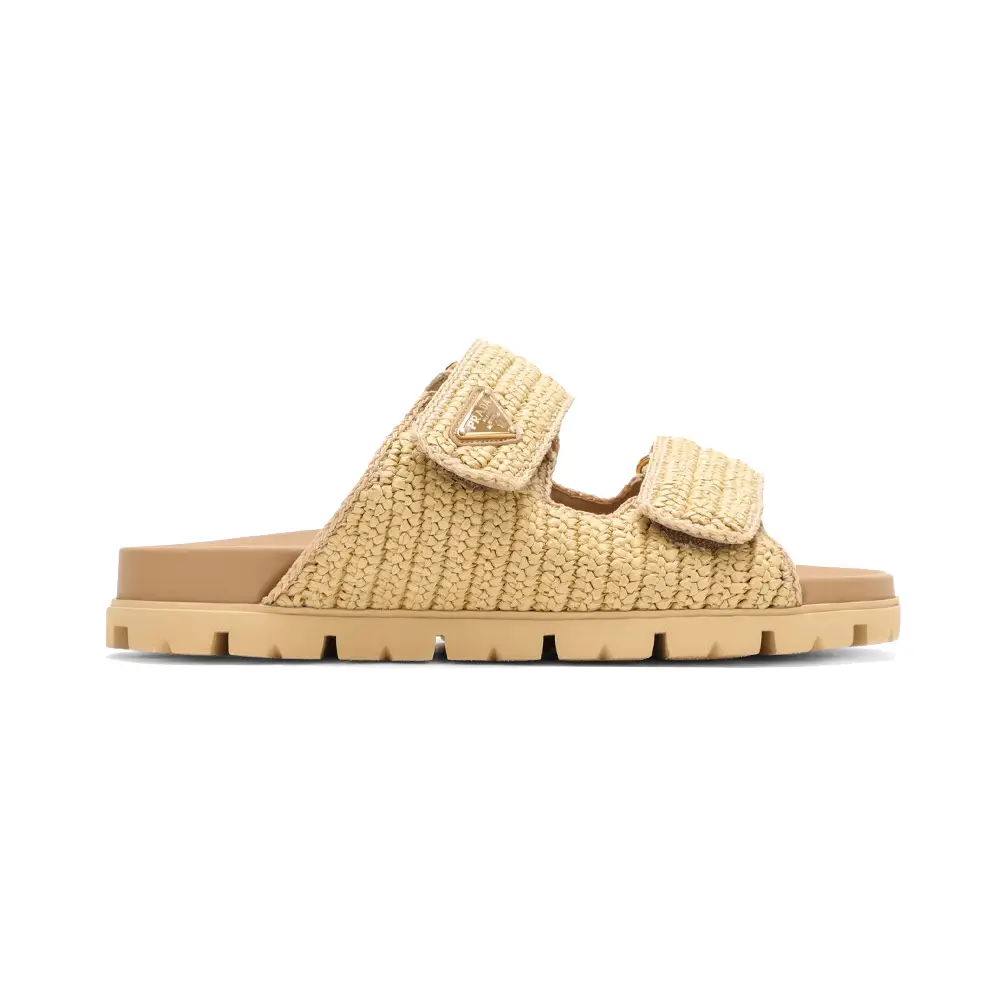 Prada Triangle Logo Raffia Woven Fabric Sandals Beige – voilà.id Prada Triangle Logo Raffia Woven Fabric Sandals Beige – voilà.id