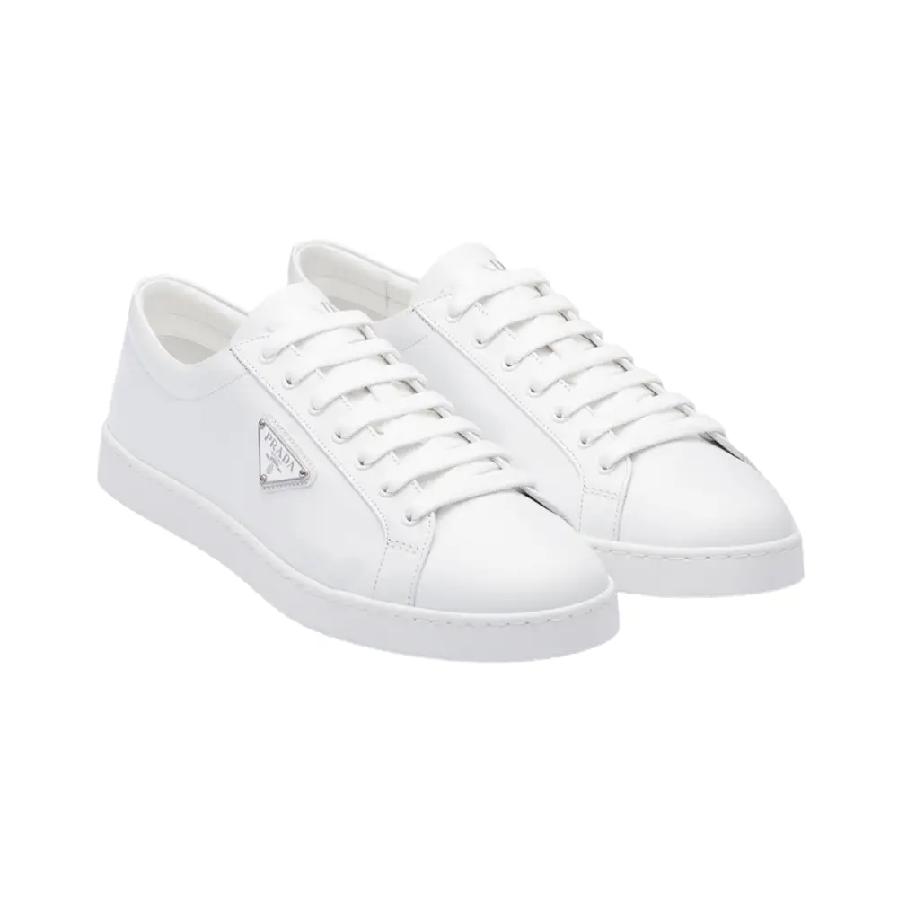 Prada Enameled Triangle Logo Brushed Leather Sneakers White – voilà.id
