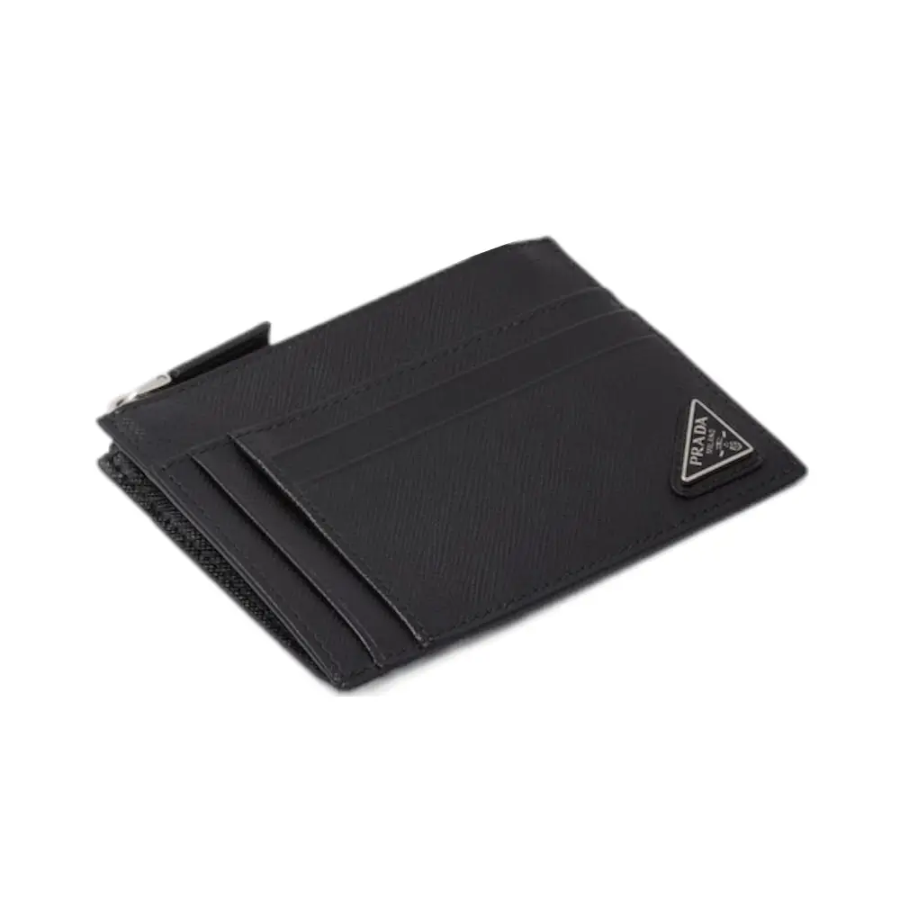★PRADA★ Triangle Logo Saffiano Zipper Card Holder Black 1M Prada Triangle Logo Saffiano Leather Card Holder in Black