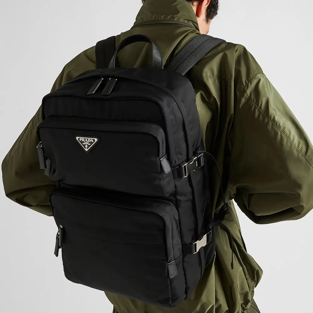 Prada Triangle Logo Re-Nylon and Saffiano Leather Backpack Black