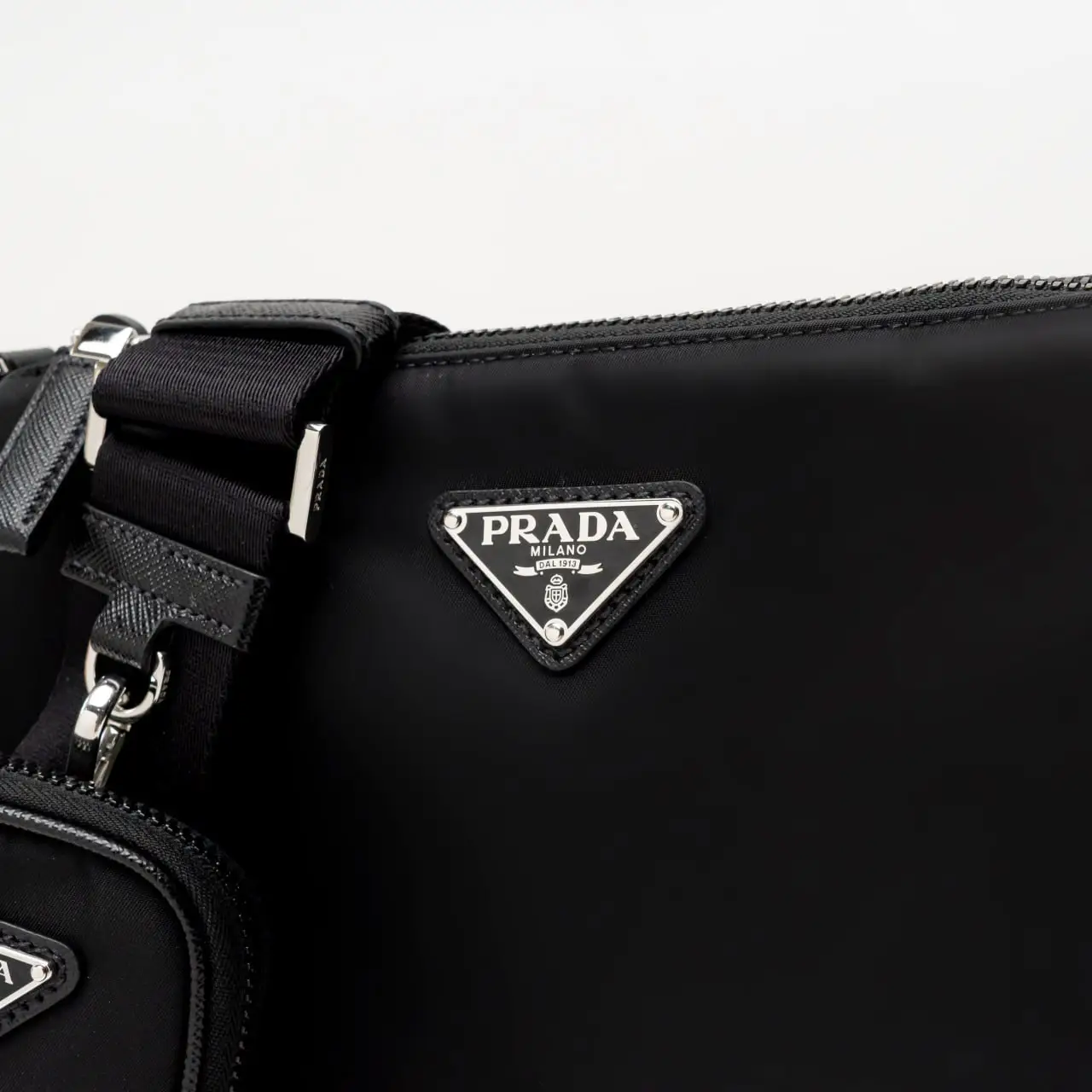 Prada Triangular Logo Nylon and Saffiano Leather Shoulder Prada Triangular Logo Nylon and Saffiano Leather Shoulder