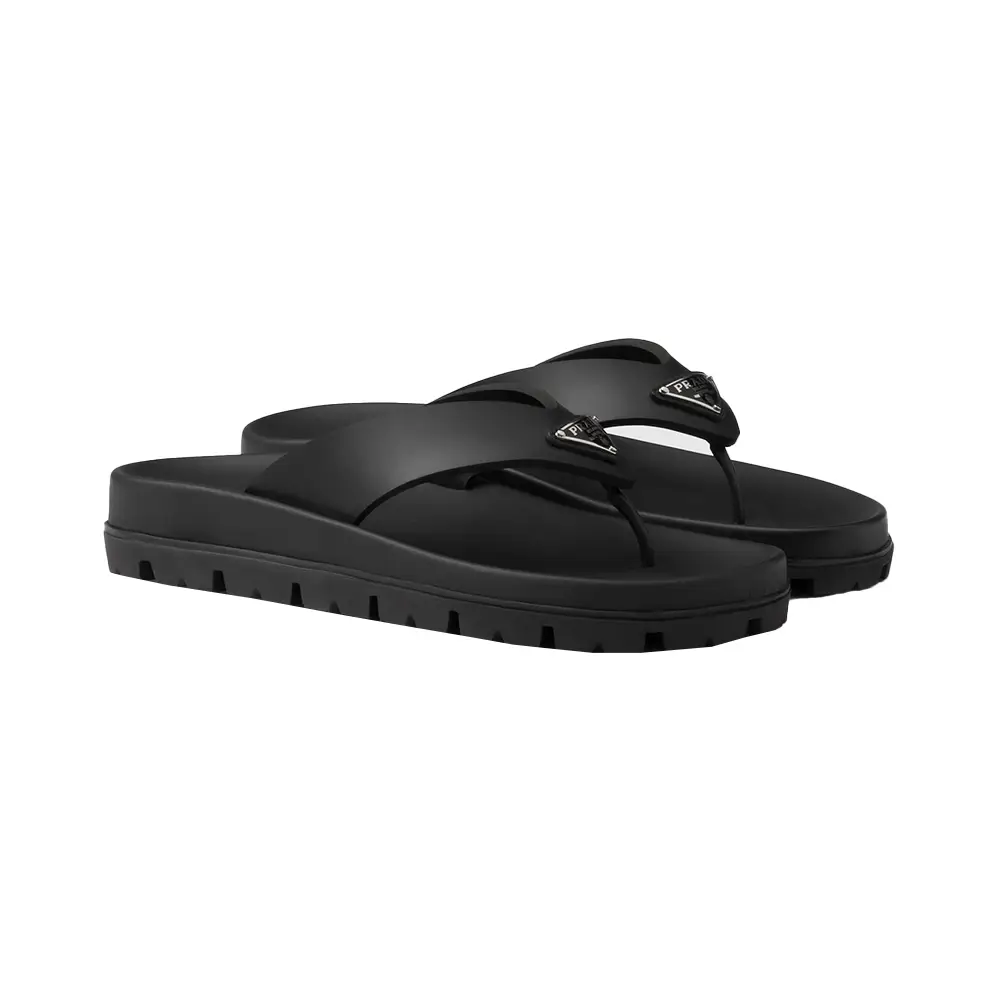 Prada Triangle Logo Rubber Thong Sandals Black – voilà.id