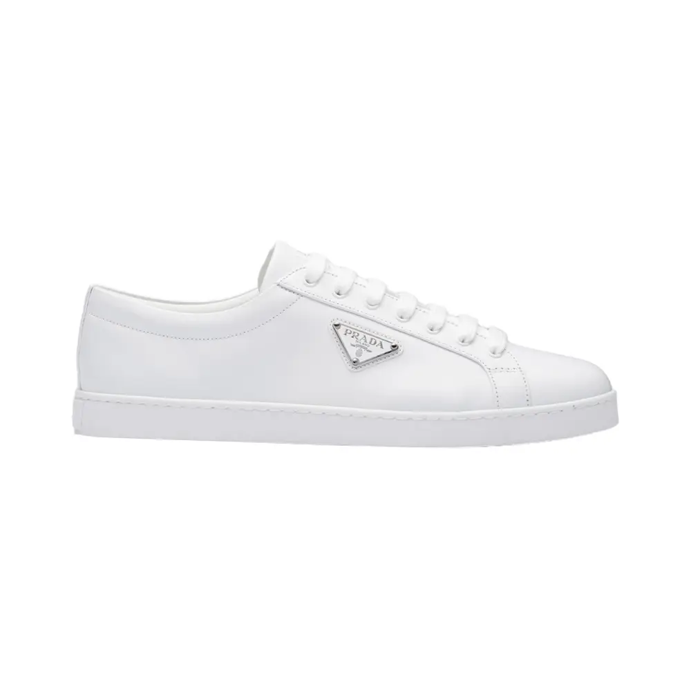 Prada Re-Nylon Sneakers Enameled Metal Triangle Logo White – voilà.id