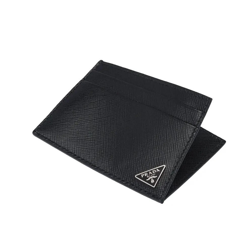 【PRADA】Triangle logo Saffiano minimal card holder Prada Triangle Logo Saffiano Leather Card Holder in Black