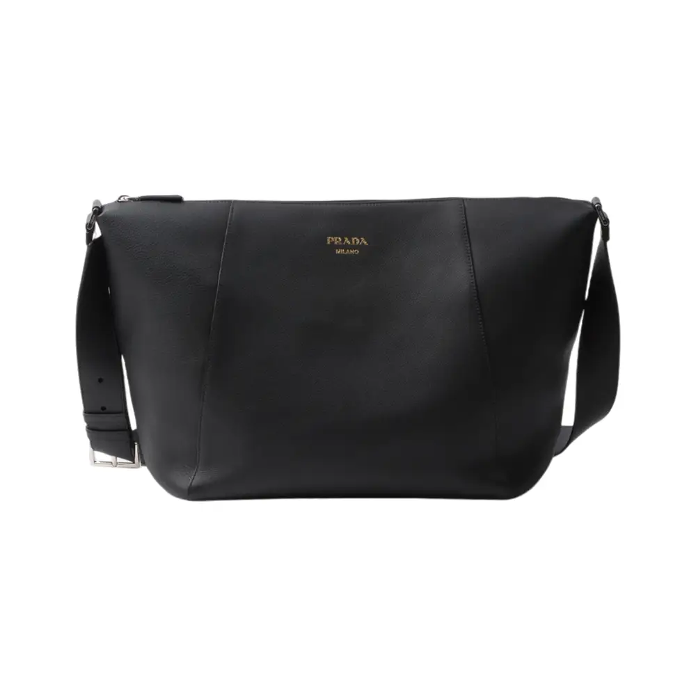 Prada Logo Stamp Shoulder Bag Soft Grain Leather Black