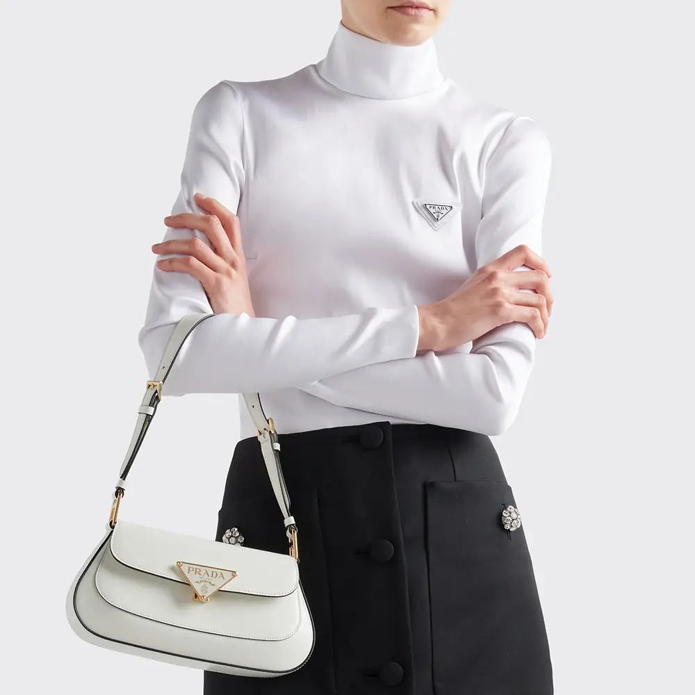 Prada Enameled Metal Logo Leather Shoulder Bag White – voilà.id