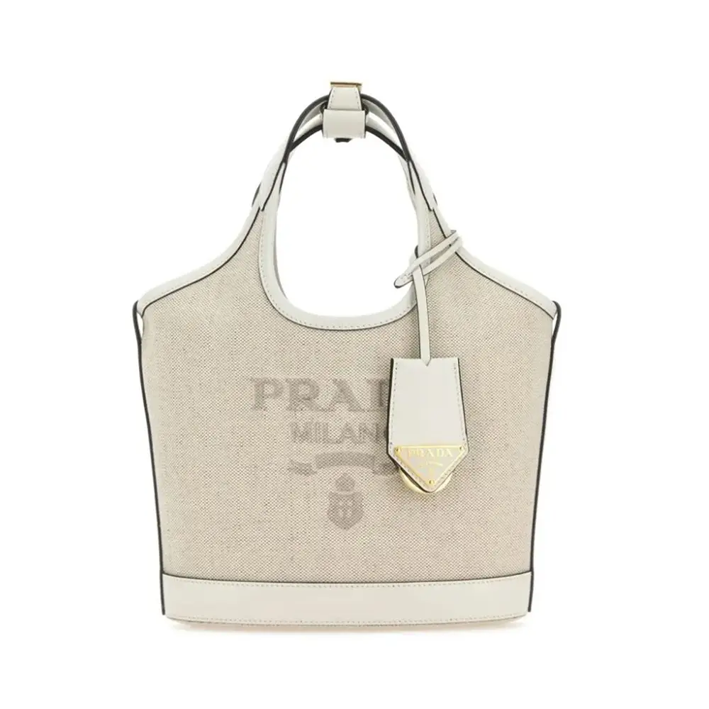 バッグ・カバンその他 PRADA | Linen blend and leather mini-buckle bag 1BE074 Natural Linen Blend And Leather Mini-buckle Bag | PRADA