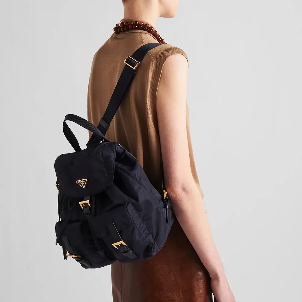 Prada Small Re-Nylon Triangle Metal Logo Backpack Blue Ghw