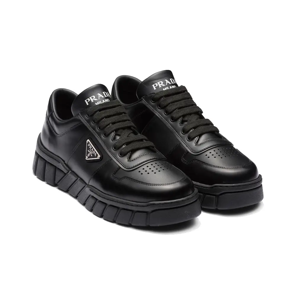 Prada Leather Sneakers with Triangle Metal Logo All Black