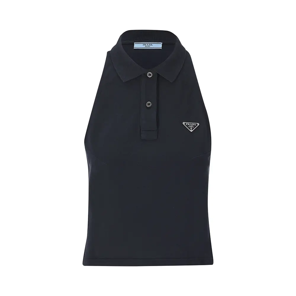 Prada Triangle Logo Button Polo Top Navy – voilà.id