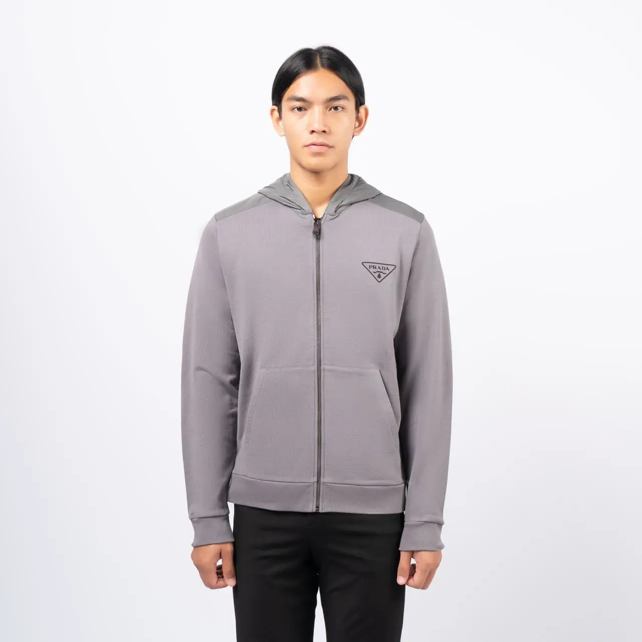 Prada Logo Zip Hoodie Jacket Grey – voilà.id