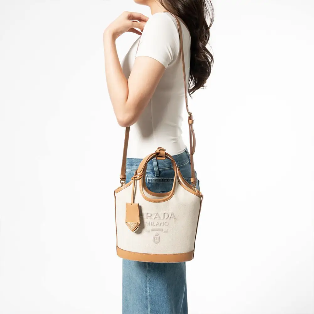 バッグ・カバンその他 PRADA | Linen blend and leather mini-buckle bag 1BE074 PRADA Linen blend and leather mini-buckle bag