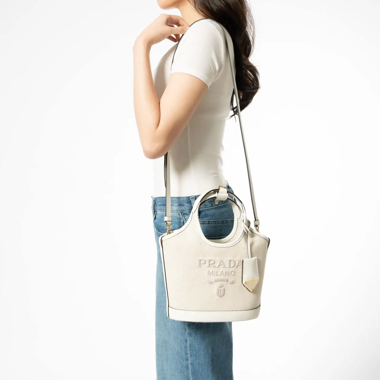 Prada Logo Embossed Linen Blend Leather Mini-Buckle Bag