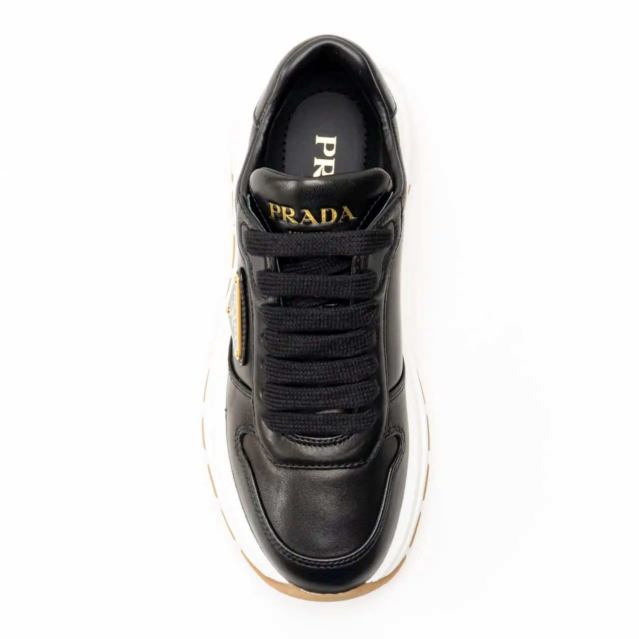Prada Triangle Gold Metal Logo Sneakers Black – voilà.id Prada Triangle Gold Metal Logo Sneakers Black – voilà.id