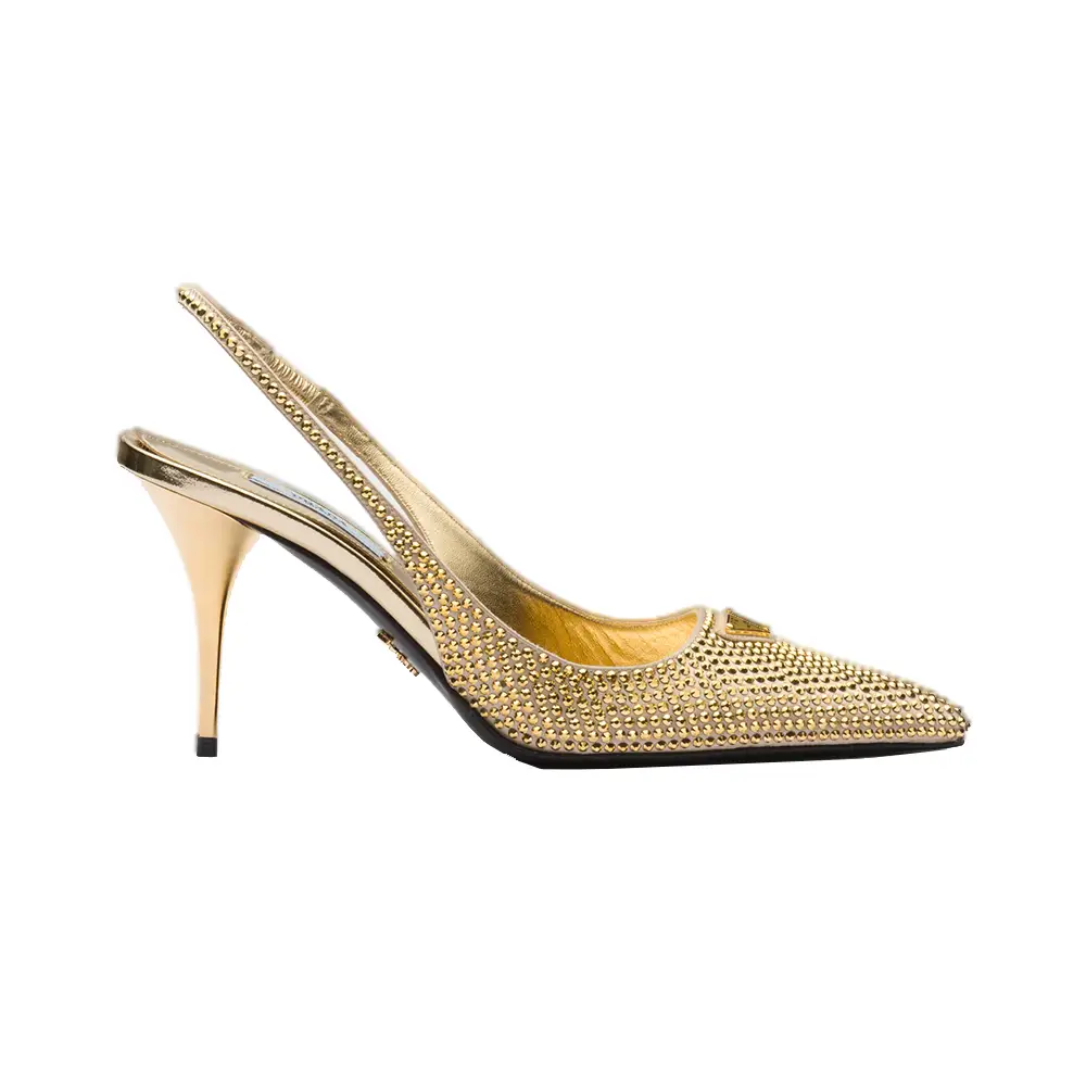 Prada Enameled Metal 85 Satin Crystal Slingback Heels